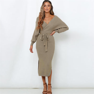 Woochic robe pull col en V manches chauve-souris couture taille haute kaqi S